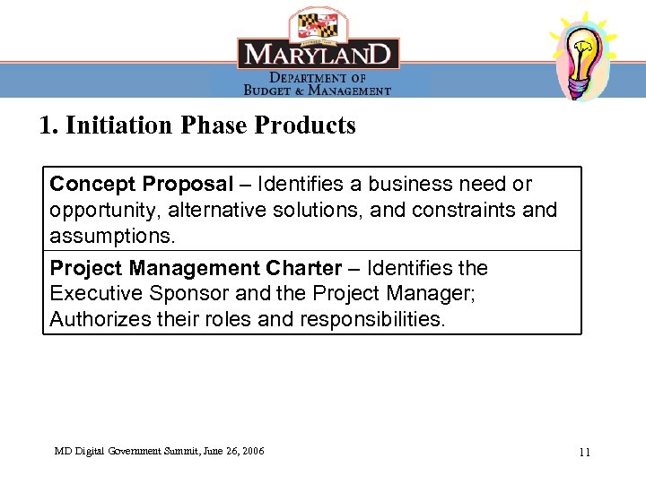 1. Initiation Phase Products Concept Proposal – Identifies a business need or opportunity, alternative