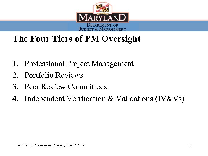 The Four Tiers of PM Oversight 1. 2. 3. 4. Professional Project Management Portfolio