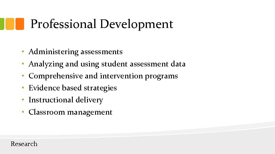 Professional Development • • • Administering assessments Analyzing and using student assessment data Comprehensive