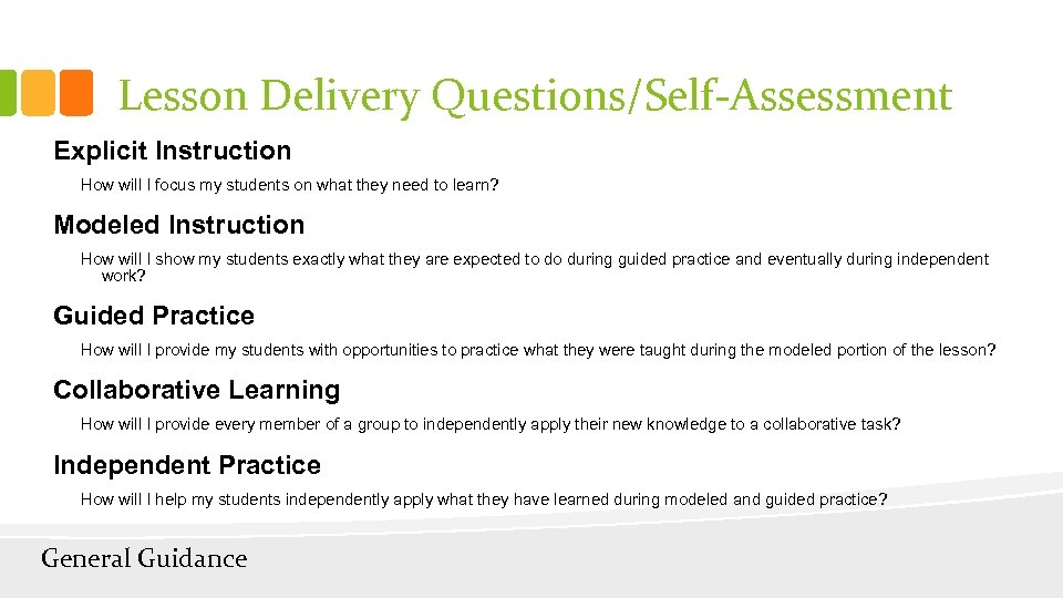 Lesson Delivery Questions/Self-Assessment Explicit Instruction How will I focus my students on what they