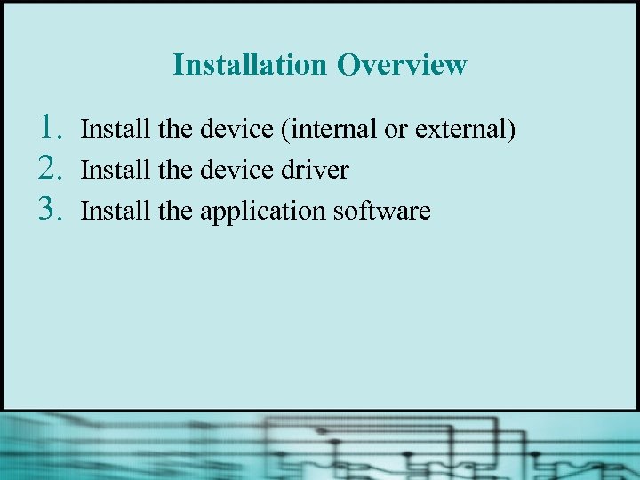 Installation Overview 1. 2. 3. Install the device (internal or external) Install the device