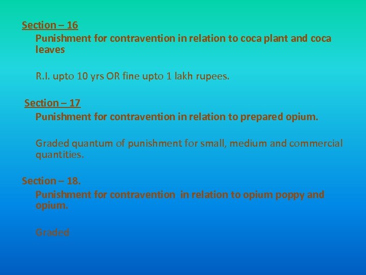 Section – 16 Punishment for contravention in relation to coca plant and coca leaves