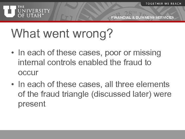 FINANCIAL & BUSINESS SERVICES What went wrong? • In each of these cases, poor