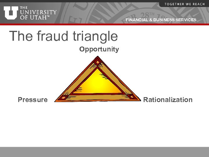 FINANCIAL & BUSINESS SERVICES The fraud triangle Opportunity Pressure Rationalization 