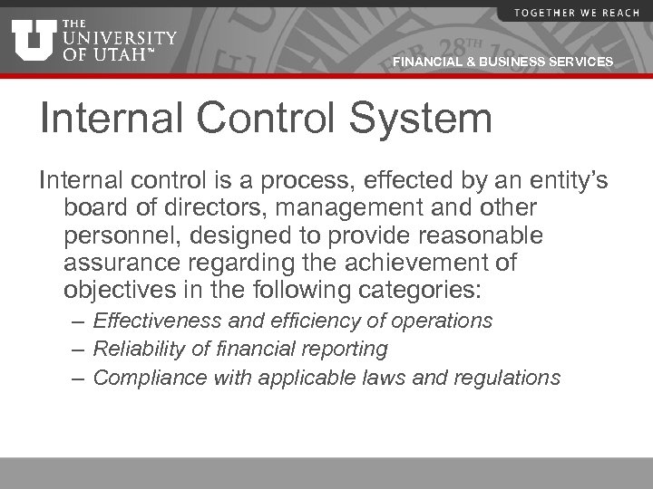 FINANCIAL & BUSINESS SERVICES Internal Control System Internal control is a process, effected by