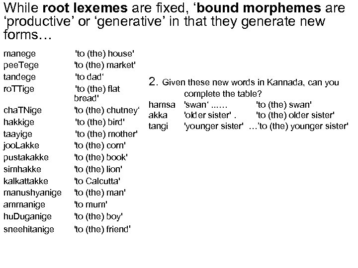 While root lexemes are fixed, ‘bound morphemes are ‘productive’ or ‘generative’ in that they