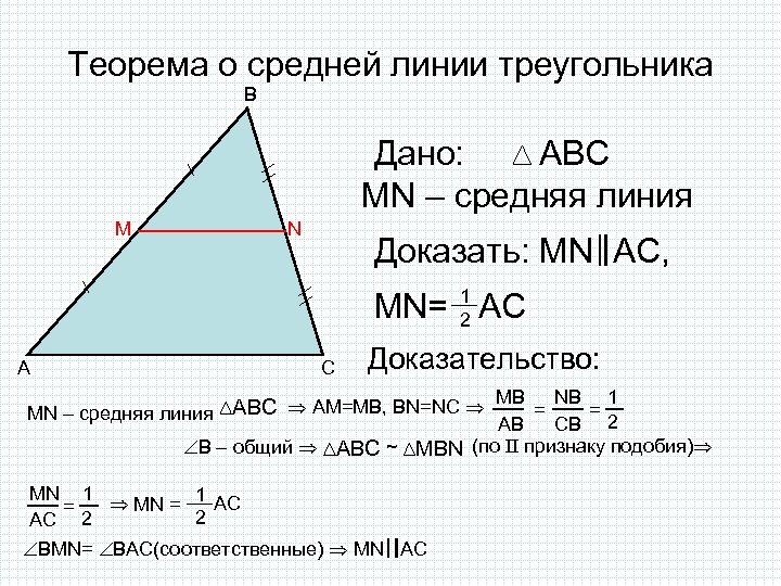 Теорема о средней линии треугольника B АВС Дано: MN – средняя линия M N