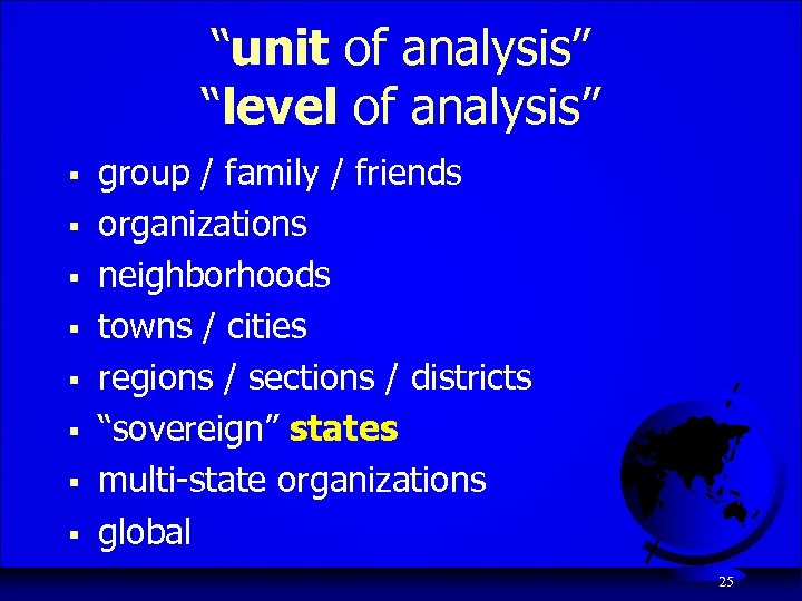 “unit of analysis” “level of analysis” § § § § group / family /