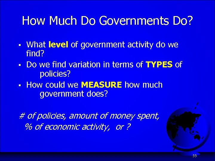 How Much Do Governments Do? § § § What level of government activity do