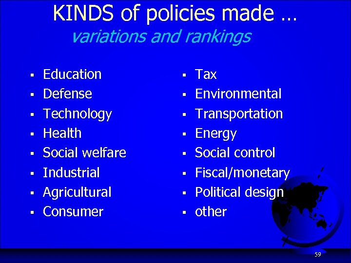 KINDS of policies made … variations and rankings § § § § Education Defense