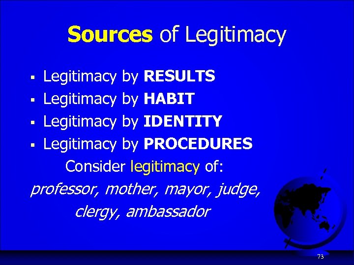 Sources of Legitimacy § § Legitimacy by RESULTS Legitimacy by HABIT Legitimacy by IDENTITY