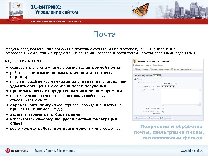 Почта Модуль предназначен для получения почтовых сообщений по протоколу POP 3 и выполнения определенных