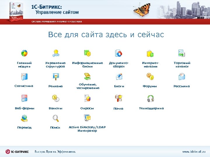 Все для сайта здесь и сейчас Управление структурой Информационные блоки Документооборот Интернетмагазин Статистика Реклама