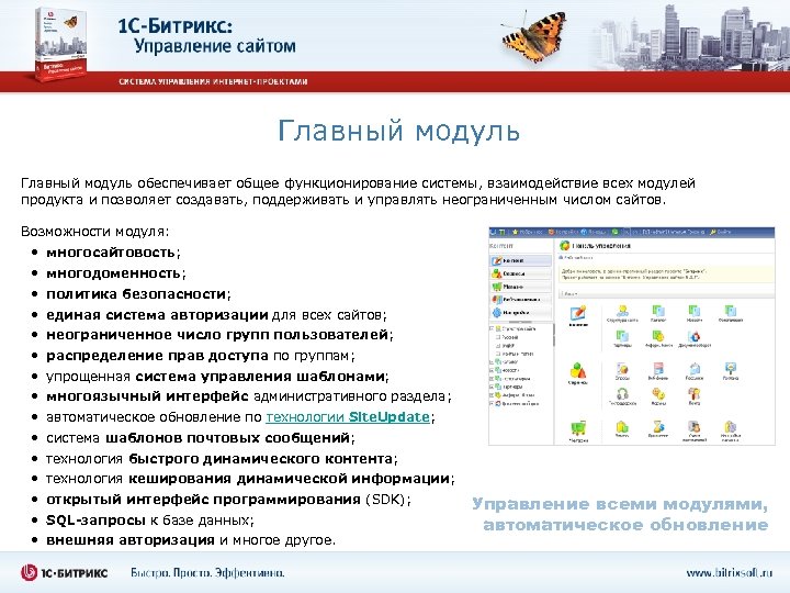 Главный модуль обеспечивает общее функционирование системы, взаимодействие всех модулей продукта и позволяет создавать, поддерживать