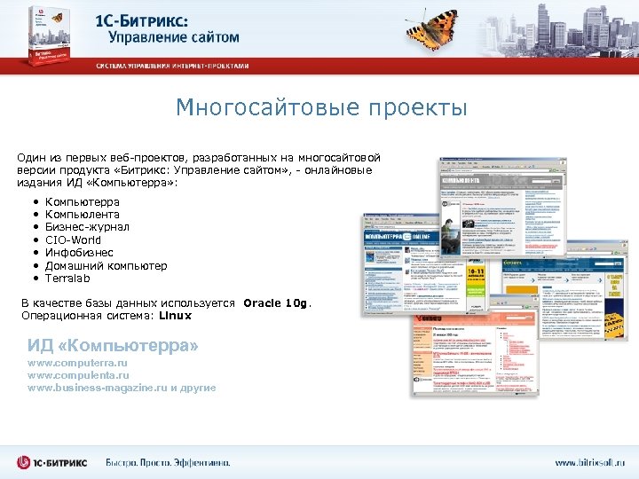 Многосайтовые проекты Один из первых веб-проектов, разработанных на многосайтовой версии продукта «Битрикс: Управление сайтом»