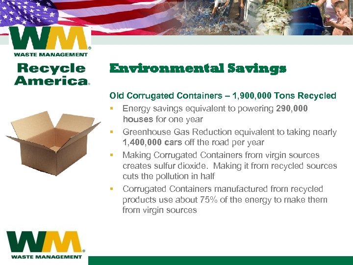 Environmental Savings Old Corrugated Containers – 1, 900, 000 Tons Recycled § Energy savings