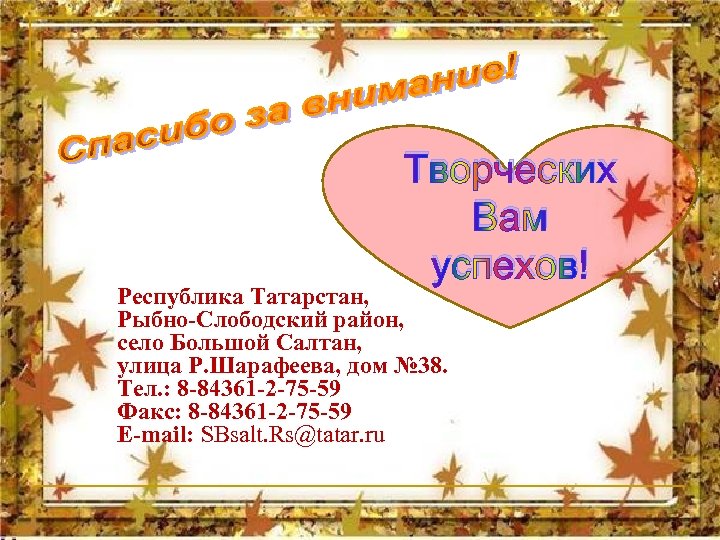 Творческих Вам успехов! Республика Татарстан, Рыбно-Слободский район, село Большой Салтан, улица Р. Шарафеева, дом