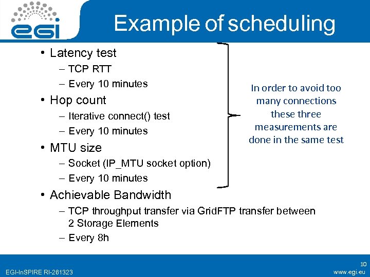 Example of scheduling • Latency test – TCP RTT – Every 10 minutes •