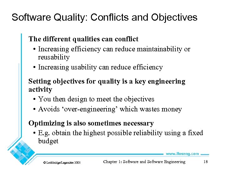 Software Quality: Conflicts and Objectives The different qualities can conflict • Increasing efficiency can