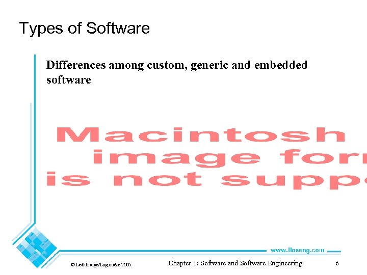 Types of Software Differences among custom, generic and embedded software © Lethbridge/Laganière 2005 Chapter