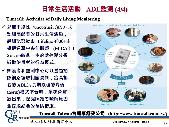 日常生活活動 ADL監測 (4/4) Tunstall: Activities of Daily Living Monitoring ü 以無干擾性 (unobtrusive)的方式 ER NT