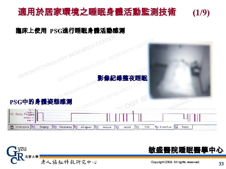 適用於居家環境之睡眠身體活動監測技術 (1/9) 臨床上使用 PSG進行睡眠身體活動感測 EA ES YR G LO O HN EC NT O