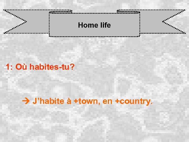 Home life 1: Où habites-tu? J’habite à +town, en +country. 