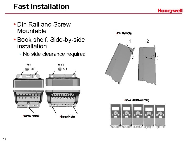 Fast Installation • Din Rail and Screw Mountable • Book shelf, Side-by-side installation -