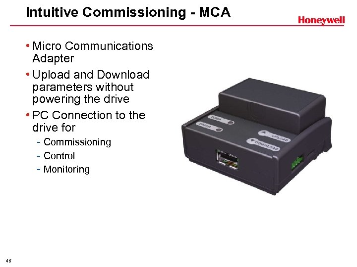 Intuitive Commissioning - MCA • Micro Communications Adapter • Upload and Download parameters without