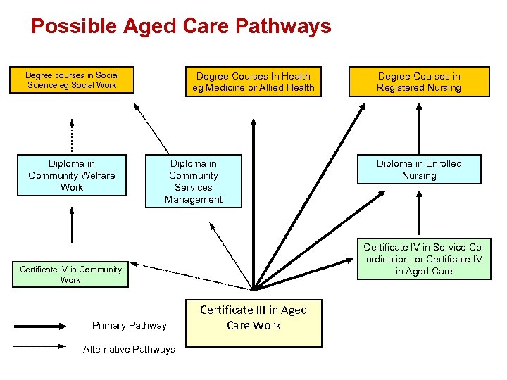 Possible Aged Care Pathways Degree courses in Social Science eg Social Work Diploma in