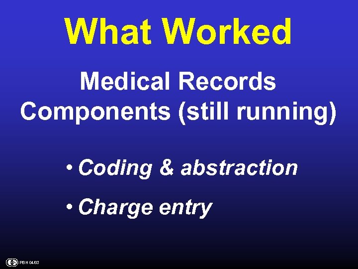 What Worked Medical Records Components (still running) • Coding & abstraction • Charge entry