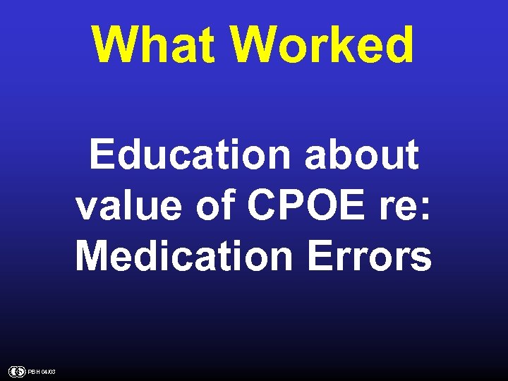 What Worked Education about value of CPOE re: Medication Errors PBH 04/03 