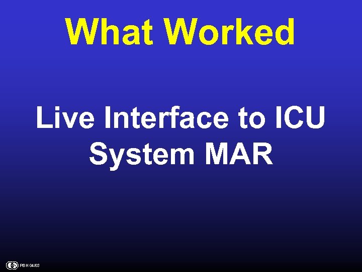 What Worked Live Interface to ICU System MAR PBH 04/03 