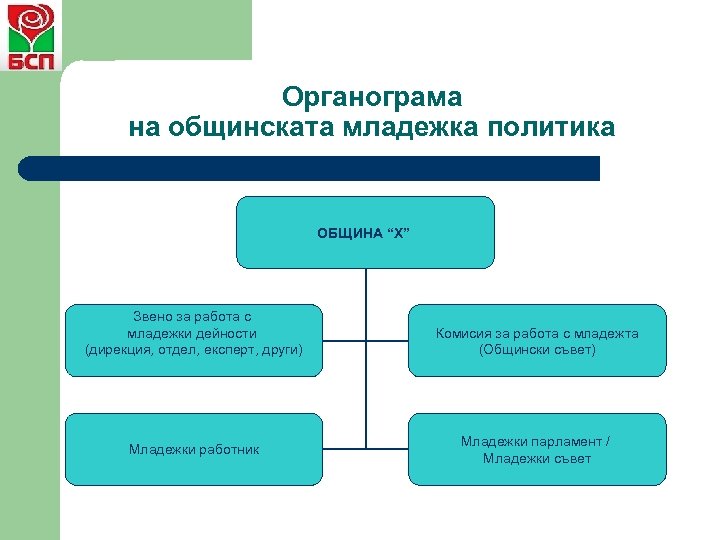 Органограма на общинската младежка политика ОБЩИНА “Х” Звено за работа с младежки дейности (дирекция,