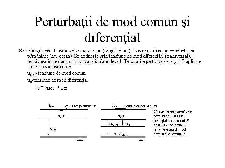 Perturbaţii de mod comun şi diferenţial Se defineşte prin tensiune de mod comun (longitudinal),