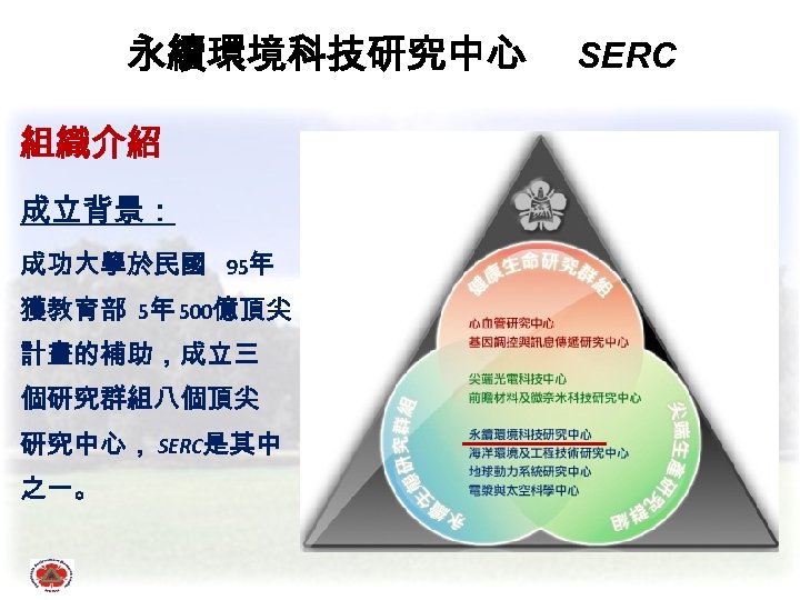 永續環境科技研究中心 組織介紹 成立背景： 成功大學於民國 95年 獲教育部 5年 500億頂尖 計畫的補助，成立三 個研究群組八個頂尖 研究中心， SERC是其中 之一。 SERC