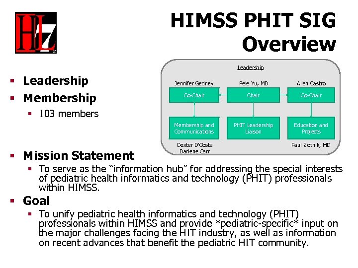 HIMSS PHIT SIG Overview Leadership § Membership Jennifer Gedney Pele Yu, MD Allan Castro