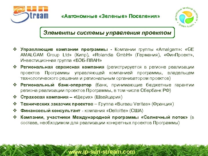  «Автономные «Зеленые» Поселения» Элементы системы управления проектом Управляющие компании программы - Компании группы