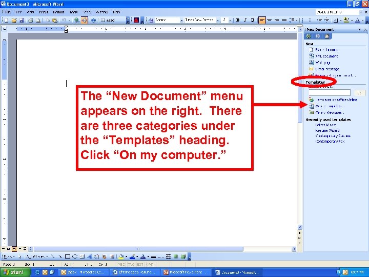 The “New Document” menu appears on the right. There are three categories under the