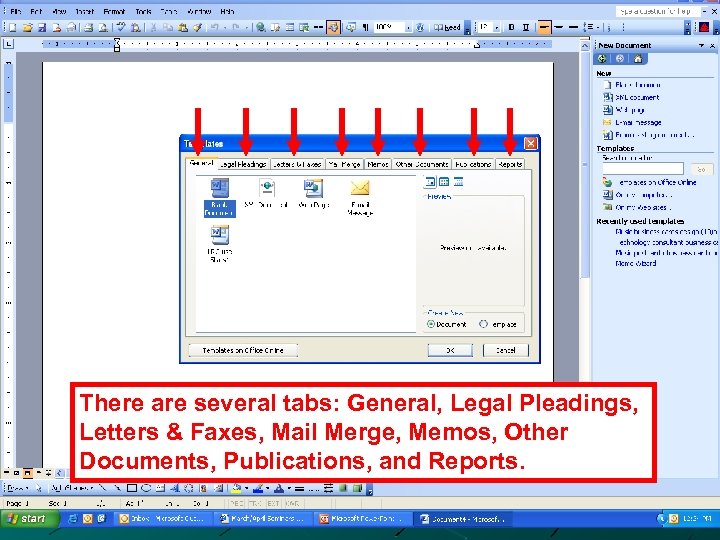 There are several tabs: General, Legal Pleadings, Letters & Faxes, Mail Merge, Memos, Other