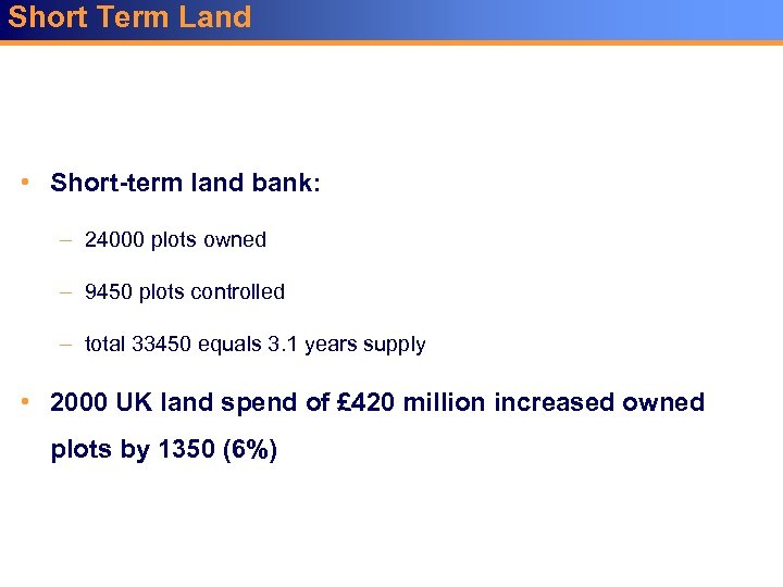 Short Term Land • Short-term land bank: – 24000 plots owned – 9450 plots