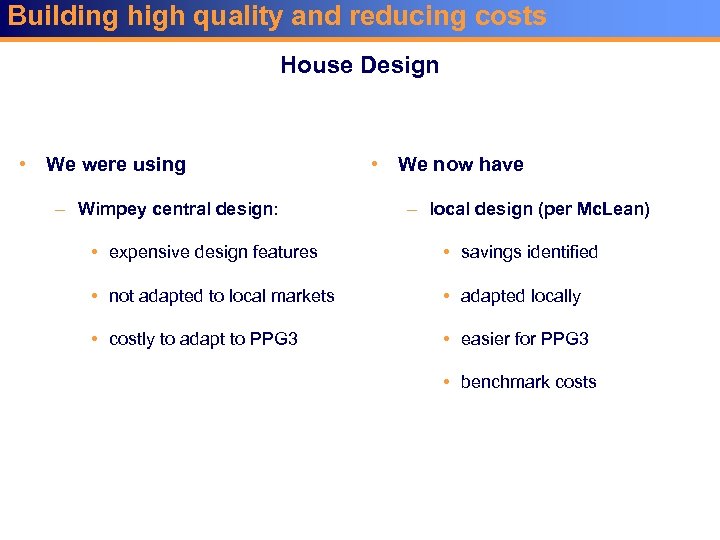Building high quality and reducing costs House Design • We were using – Wimpey