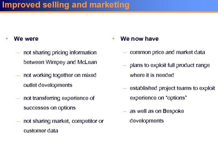 Improved selling and marketing • We were – not sharing pricing information between Wimpey