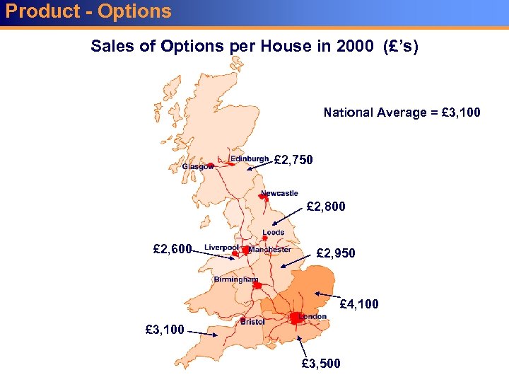 Product - Options Sales of Options per House in 2000 (£’s) National Average =