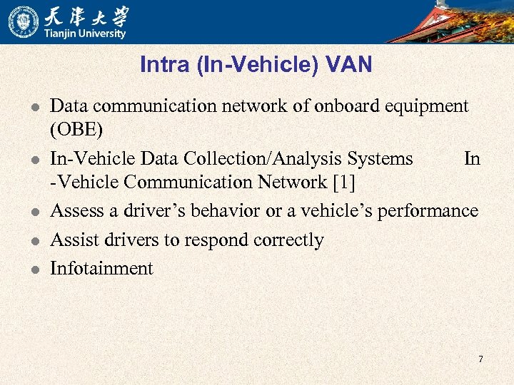Intra (In-Vehicle) VAN l l l Data communication network of onboard equipment (OBE) In-Vehicle