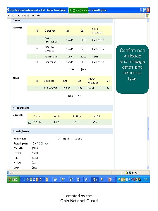 Confirm non -mileage and mileage dates and expense type created by the Ohio National