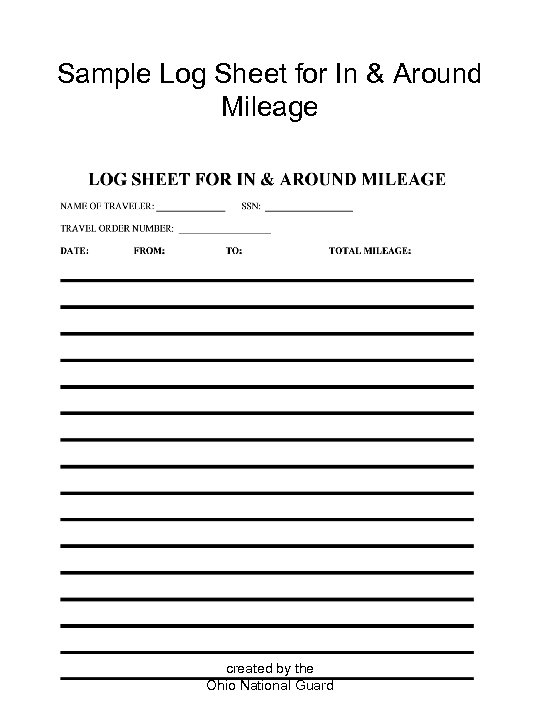 Sample Log Sheet for In & Around Mileage created by the Ohio National Guard