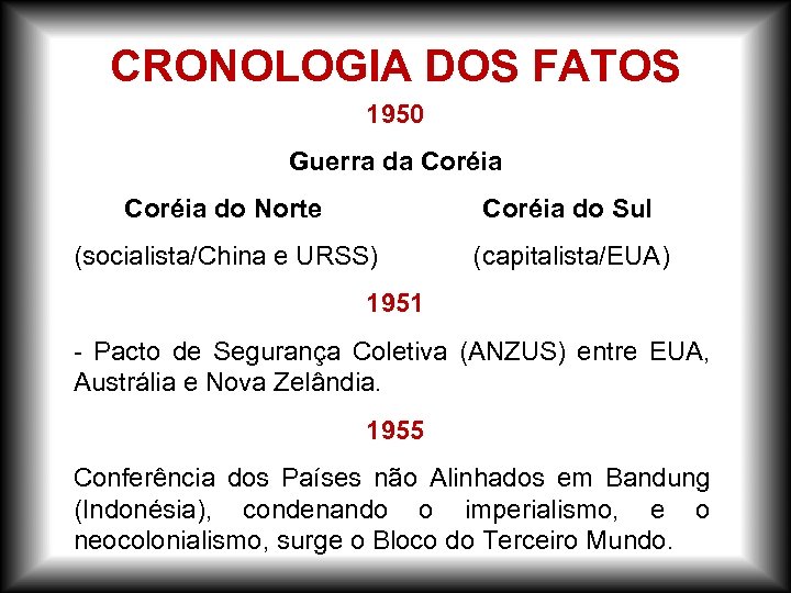 CRONOLOGIA DOS FATOS 1950 Guerra da Coréia do Norte Coréia do Sul (socialista/China e