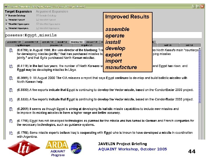Improved Results assemble operate install develop export import manufacture JAVELIN Project Briefing AQUAINT Program