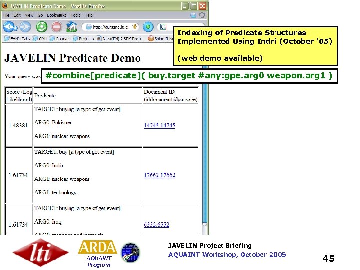Indexing of Predicate Structures Implemented Using Indri (October ’ 05) (web demo available) #combine[predicate](
